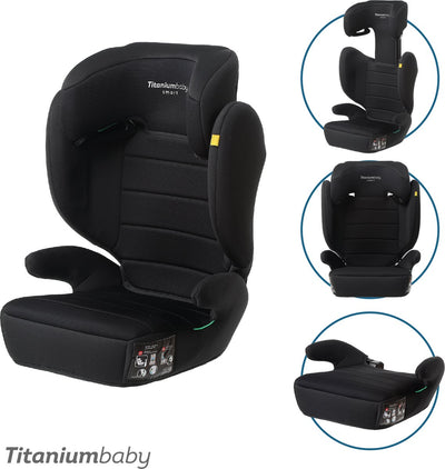 Siège d'auto pour bébé en titane pour bébé, ceinture intelligente Lucky i-size tout noir - dossier amovible à utiliser comme siège d'appoint