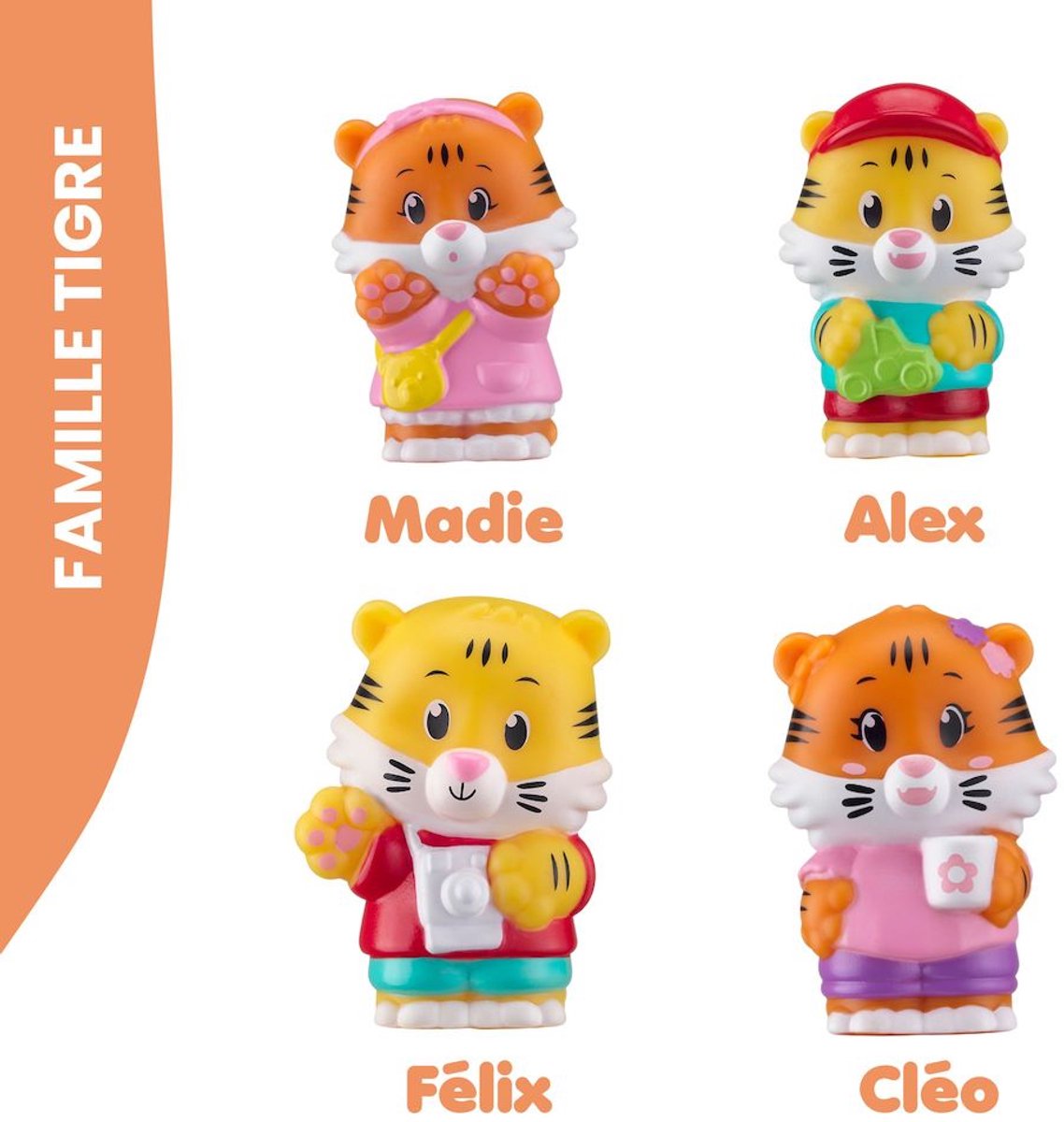 Coffret de jeu familial Klorofil « tigre » – ensemble poupée – félix, cléo, madie et alex – à partir de 18 mois – 4 pièces