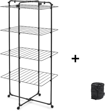 Tour de séchage Brabantia hangon - 30m - étendoir à linge pliable - avec sac pour pinces à linge - noir mat