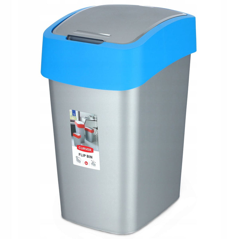 Curver cuver - poubelle avec couvercle - gris avec cadre bleu - 25l, flip bin