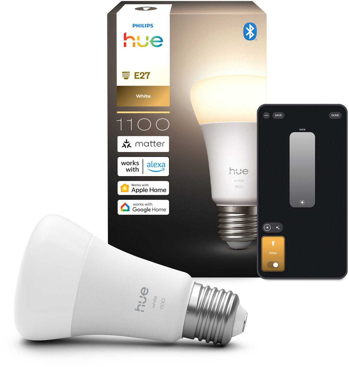 Lampe Philips Hue smart LED A60, lumière blanc chaud, culot E27
