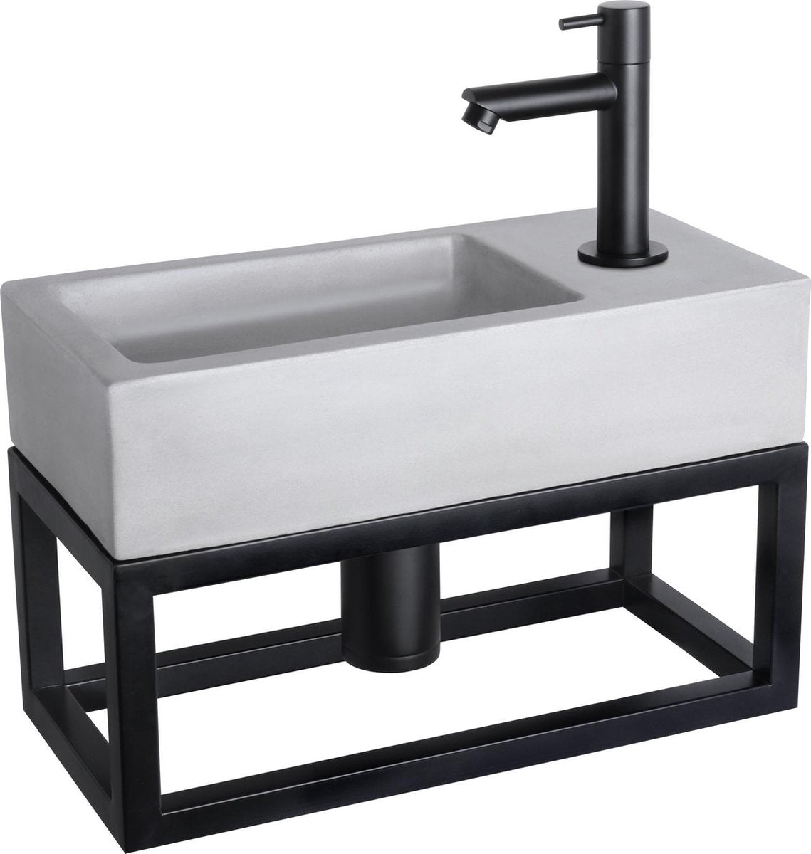 Ensemble fontaine Differnz Ravo - 38,5x18,5x25cm - rectangle - 1 trou de robinetterie - robinet droit noir mat - avec cadre noir - béton gris clair