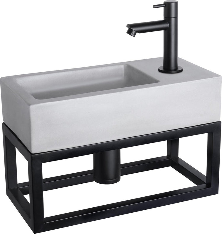 Ensemble fontaine Differnz Ravo - 38,5x18,5x25cm - rectangle - 1 trou de robinetterie - robinet droit noir mat - avec cadre noir - béton gris clair