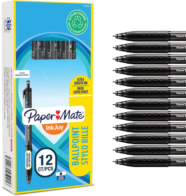Stylos à bille Paper Mate Inkjoy 300rt avec bouton poussoir | pointe moyenne (1,0 mm) | noir | 12 pièces