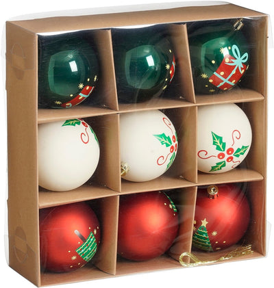 Set de boules de Noël décorations en mica - 9 pièces - ø8 cm - incassable - blanc, rouge, vert