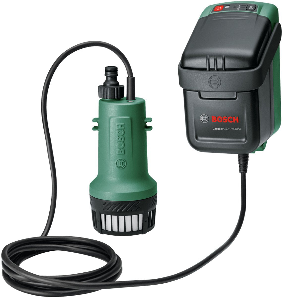 Pompe de jardin Bosch 18v-2000 - pompe à eau de pluie sur batterie - comprenant un tuyau de raccordement de 2,5 m et un câble d'alimentation avec connecteurs universels, support de montage à crochet, support de montage mural et 3 vis