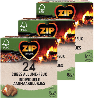 Allume-feu Zip 72 pièces - Cubes de cheminée BBQ - Emballés individuellement - Allume-feu marron - Naturels et inodores - 3 x 24 pièces