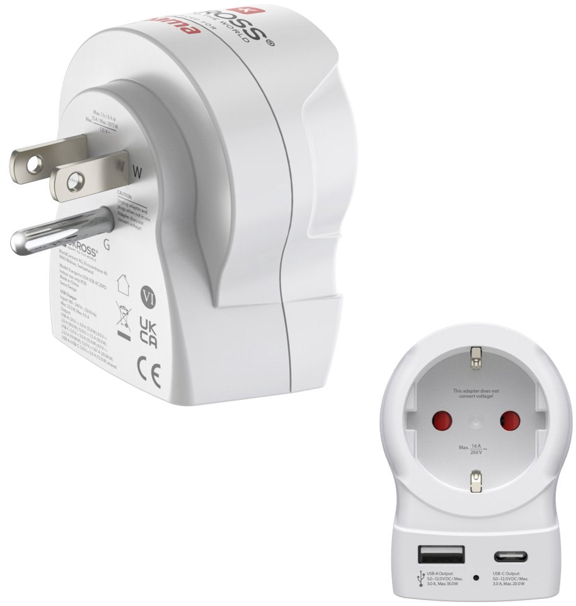 Prise de voyage Hama - eur (type e, f) vers usa (type b) - 1x USB-A, 1x USB-C PD - blanc