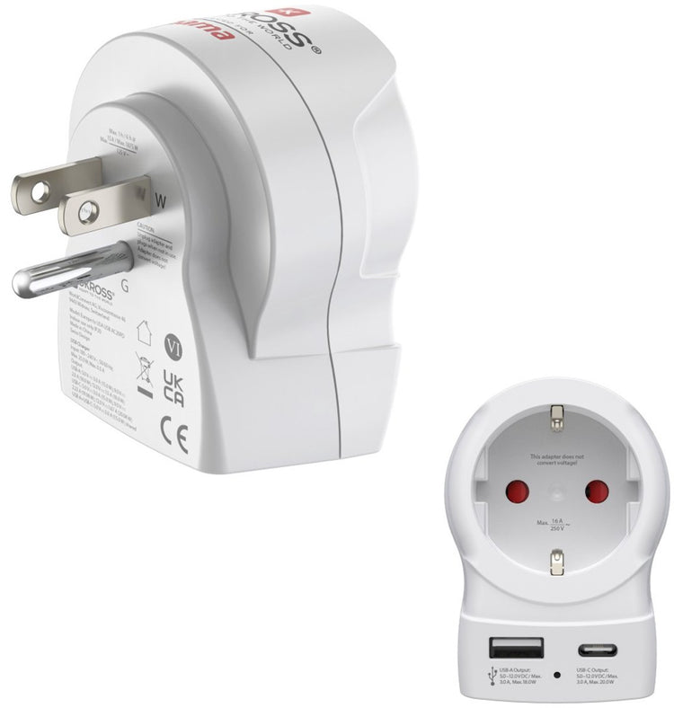 Prise de voyage Hama - eur (type e, f) vers usa (type b) - 1x USB-A, 1x USB-C PD - blanc