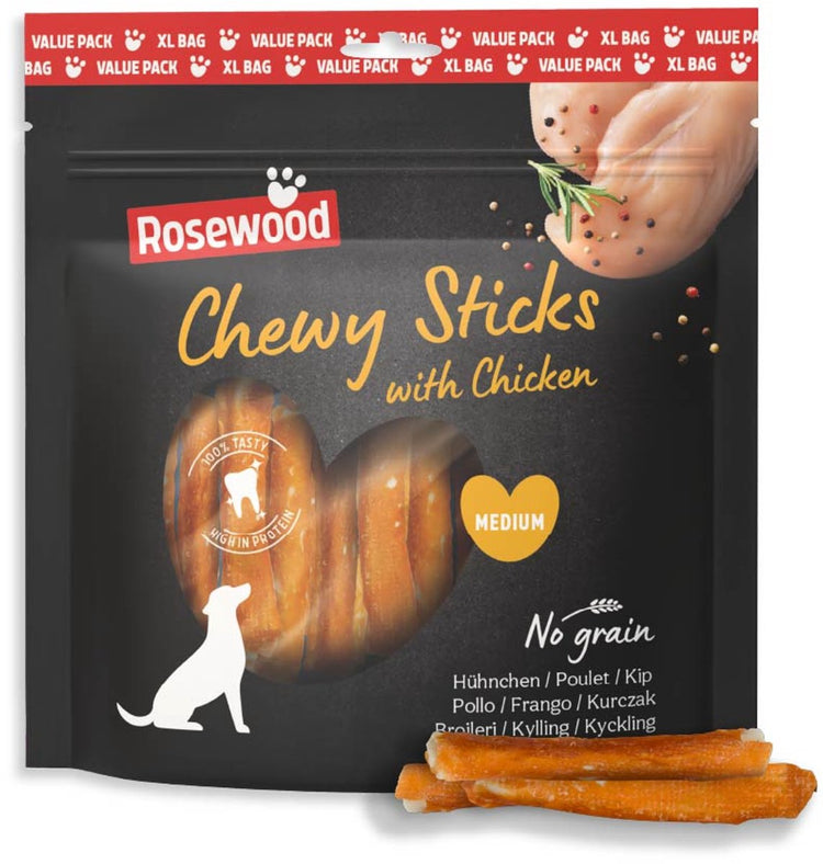 Bâtonnets à mâcher en bois de rose pour chien, poulet moyen - bâtonnets à mâcher en cuir brut - pack économique 500 g - sans céréales - sans additifs artificiels