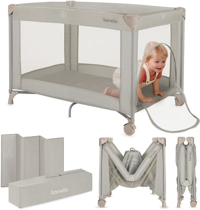 Lit de camping Lionelo Amelie 3en1 : lit bébé + lit parapluie + parc – avec matelas confortable – compact et léger – entrée latérale – sac de voyage – 70x100 cm