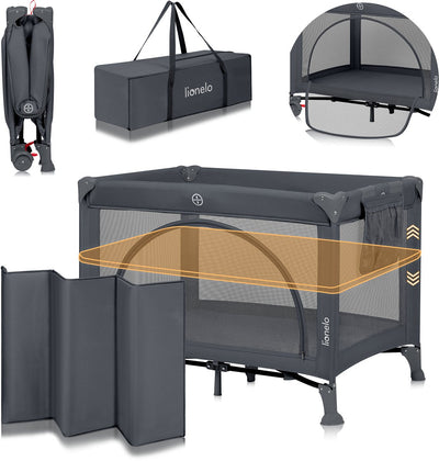 Lionelo Laura - lit de camping compact 3 en 1, lit bébé parc - léger - 2 hauteurs - roues avec freins - panneaux latéraux en filet entrée pour tout-petits - avec sac de transport, sac de rangement - lit de voyage