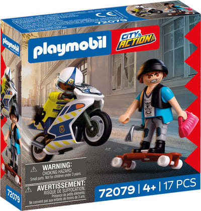Playmobil city action police poursuite en moto | policier poursuit un voleur sur un longboard | stimule la créativité | jouets pour enfants à partir de 4 ans | 72079