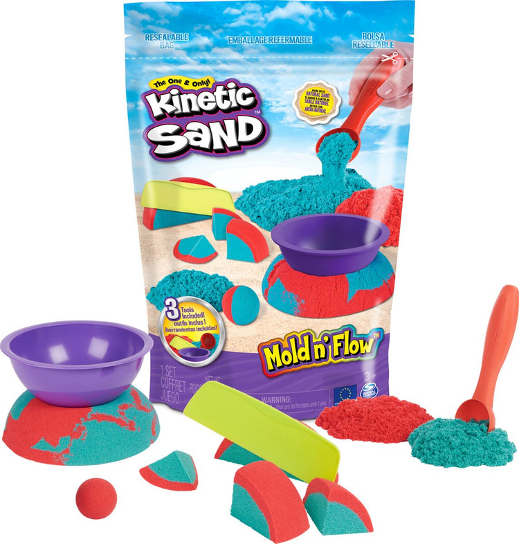 Sable cinétique - coffret mold n' flow avec 680 g original rouge et bleu-vert et 3 outils - jouets sensoriels