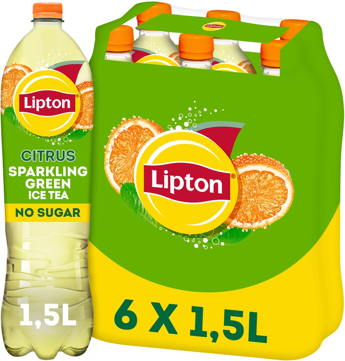 Bouteille verte pétillante de thé glacé Lipton - agrumes - zéro sucre - 6 x 1500 ml - pack économique
