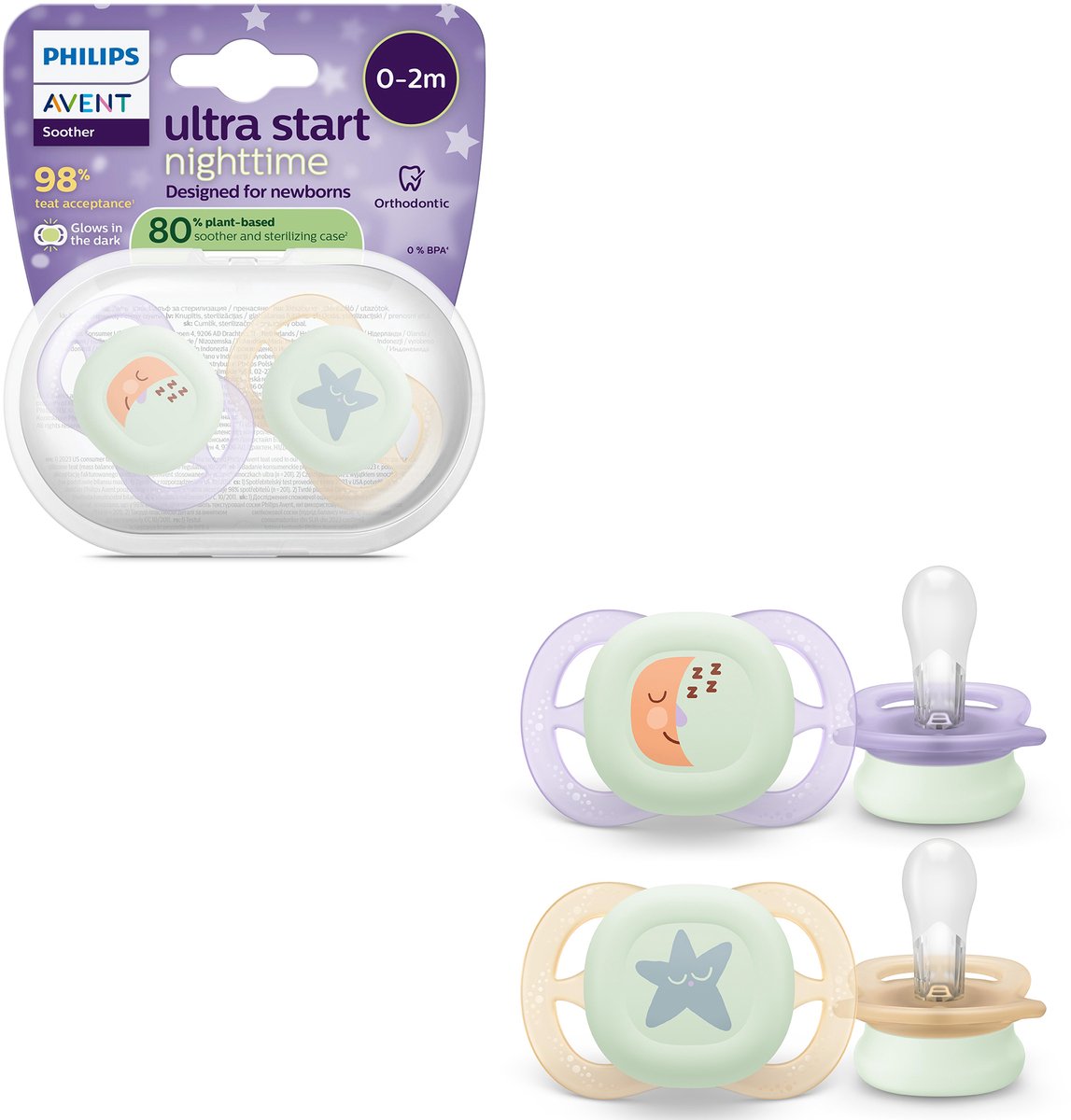 Philips avent ultra start night – sucette en silicone phosphorescente – 0-2 mois – 2 pièces - scf075 17