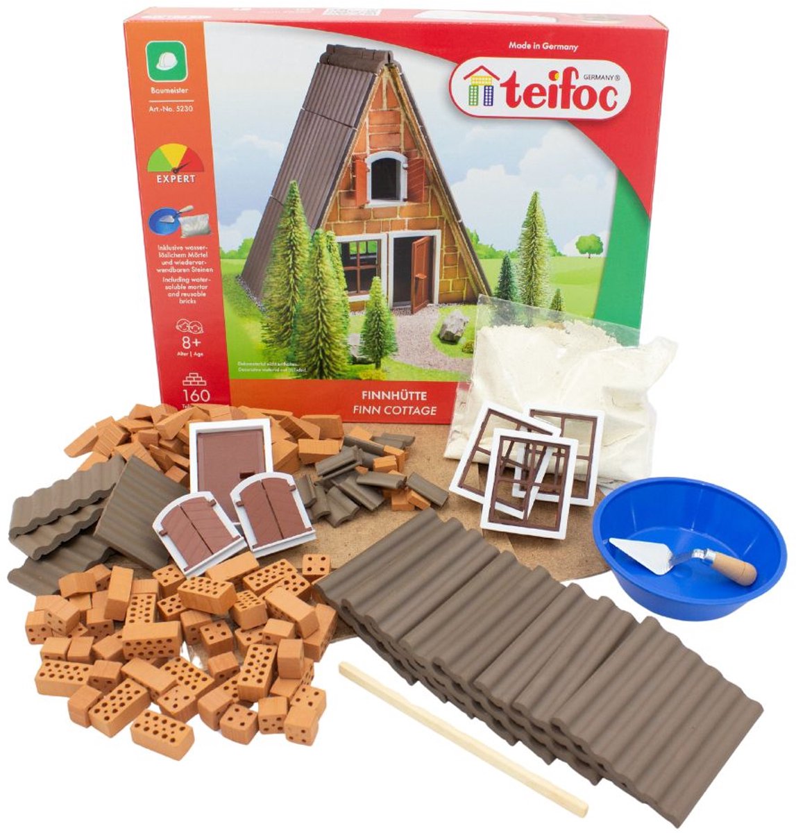 Kit de construction Teifoc ® – Cabane forestière finlandaise – 160 pièces – Véritables mini briques avec ciment, bol et truelle – Kit de construction pour enfants à partir de 6 ans