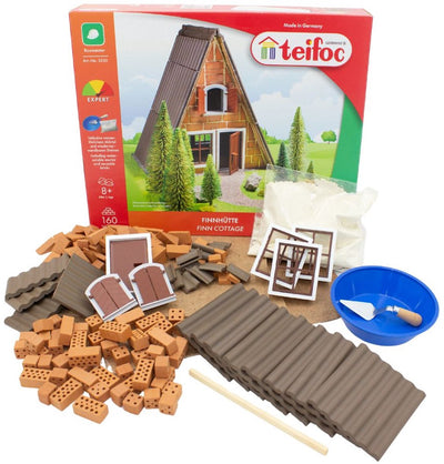 Kit de construction Teifoc ® – Cabane forestière finlandaise – 160 pièces – Véritables mini briques avec ciment, bol et truelle – Kit de construction pour enfants à partir de 6 ans