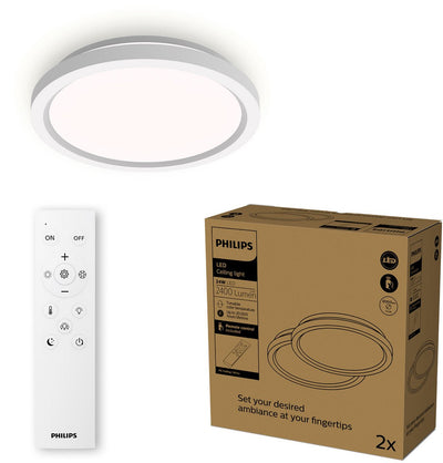 Philips LED Plafonnier tout-en-un Philips - pack de 2 - avec télécommande - 24w - éclairage LED - lumière blanche chaude à froide ; 2700k à 6500k - 30 cm - blanc - rond