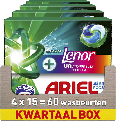 Dosettes de lessive Ariel 4en1 +touch de Lenor couleur imparable - 4 x 15 lavages
