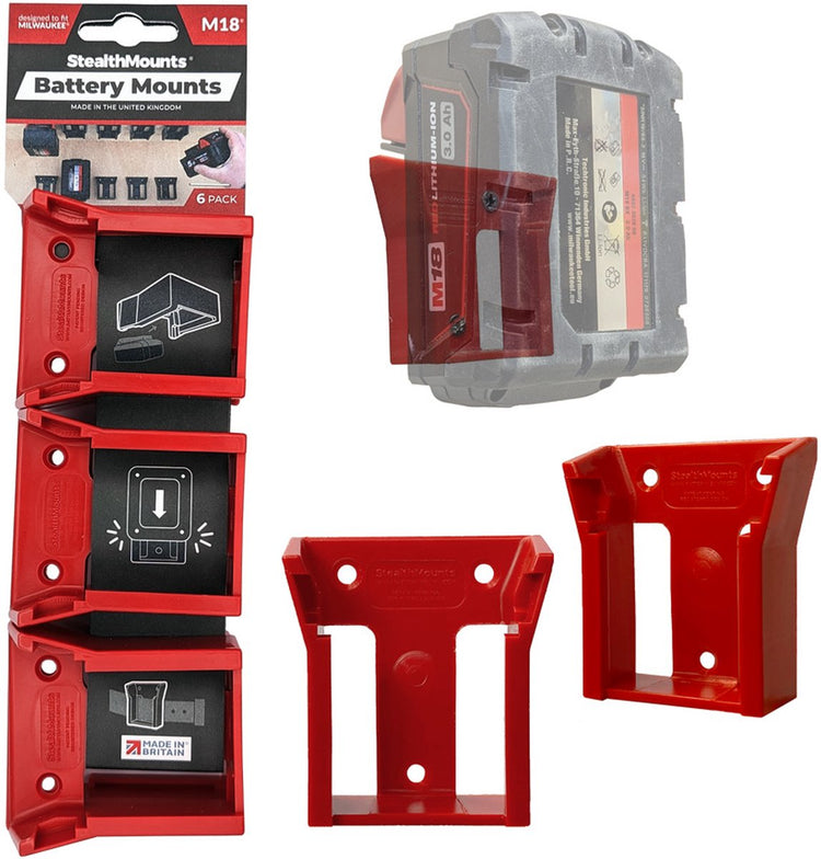 Supports de batterie à montage furtif pour Milwaukee M18 18 V | rouge | 6 pièces - bm-mw18-red-6