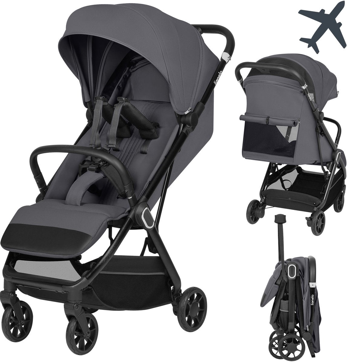 Lionelo Bess Buggy – poussette ultra compacte 6 m – 22 kg – poids léger de 7,5 kg – pliable automatiquement d'une seule main – capote XXL UPF50+ – position allongée 83 cm – ceinture magnétique 5 points – roues suspendues à 360° – facile à voyager