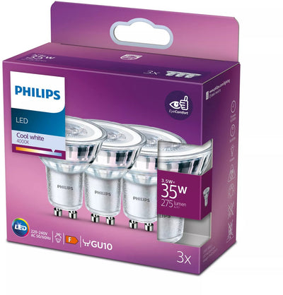 Spot LED Philips économe en énergie - 35 W - GU10 - lumière blanc froid - 3 pièces - économisez sur les coûts énergétiques