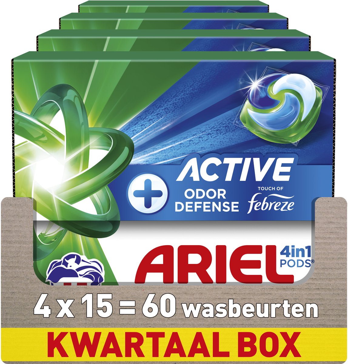 Dosettes lessives Ariel 4en1 + défense active des odeurs - 4 x 15 lavages