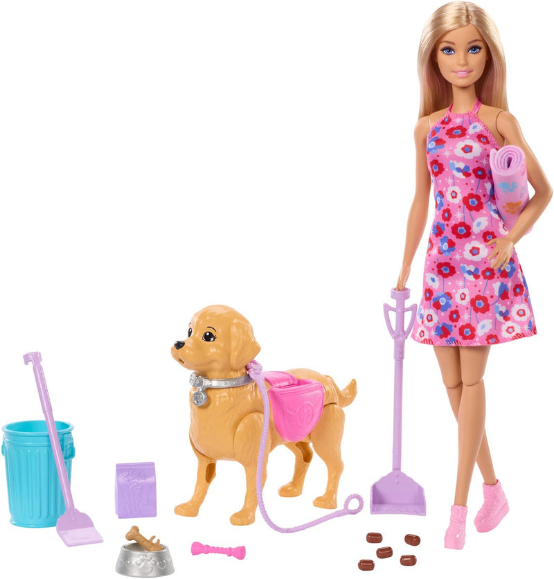 Ensemble de jouets pour chiots qui marchent Barbie Malibu - poupée et chien à faire caca et accessoires