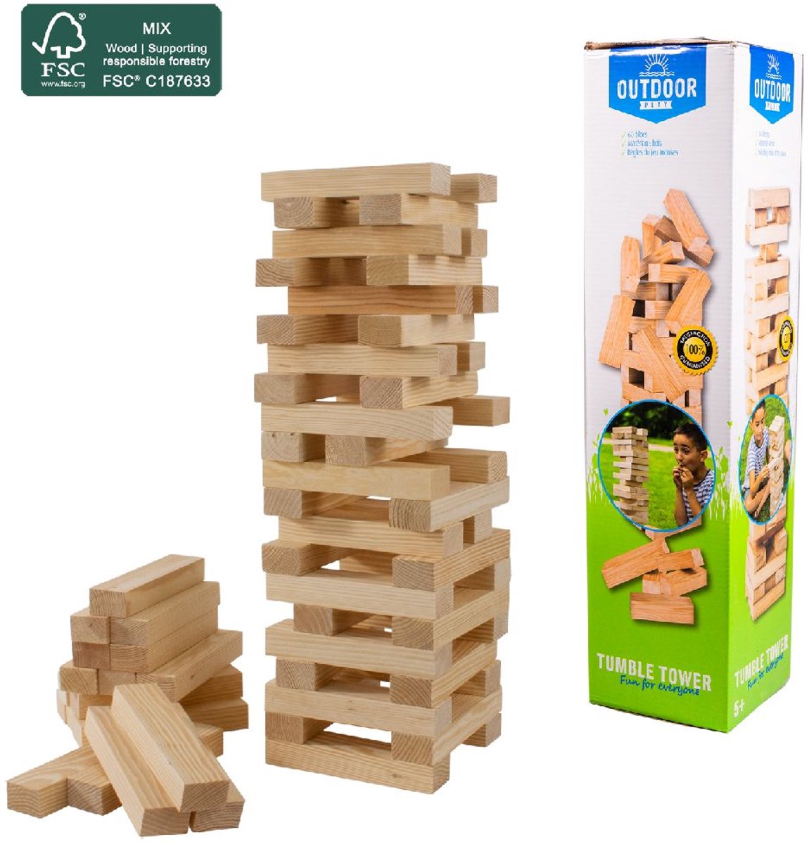 Jeu d'extérieur en bois avec tour empilable et sac de transport certifié FSC.
