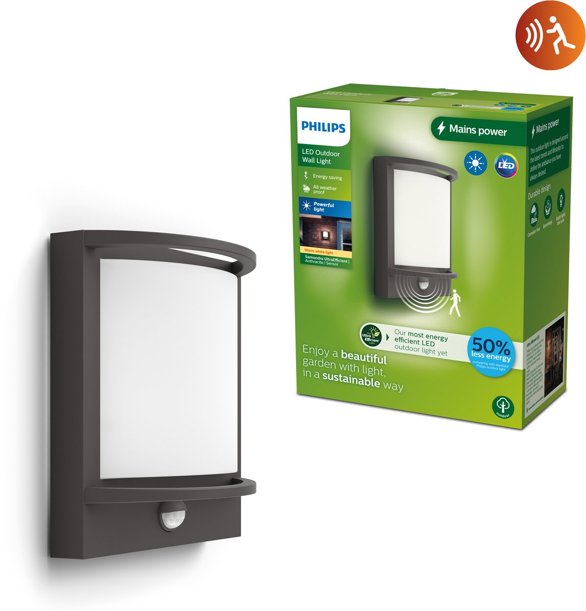 Philips LED Applique Philips Samondra - ultra efficace - anthracite - avec capteur - 3,8w