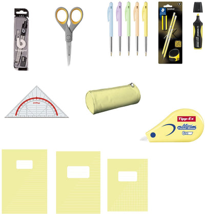 Rentrée scolaire de différentes marques - set scolaire complet - cahiers A4 A5, trousse, papeterie et set de géométrie - jaune pastel