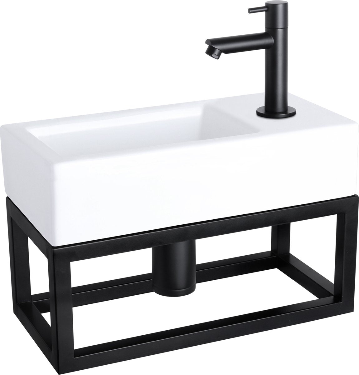 Ensemble fontaine Differnz Helios - 37,5x18,5x9,5cm - rectangle - 1 trou de robinetterie à droite - robinet droit noir mat - avec cadre noir - céramique blanche