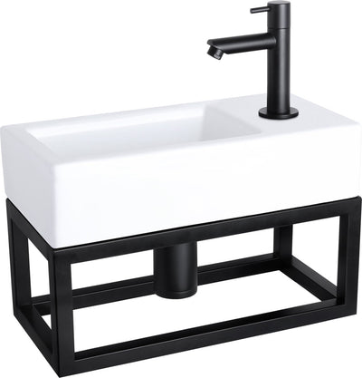 Ensemble fontaine Differnz Helios - 37,5x18,5x9,5cm - rectangle - 1 trou de robinetterie à droite - robinet droit noir mat - avec cadre noir - céramique blanche