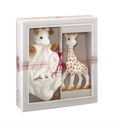 Coffret cadeau sophistiqué Sophie la girafe - jouets pour bébé - doudou avec attache-sucette - cadeau de maternité - cadeau baby shower - 4 pièces