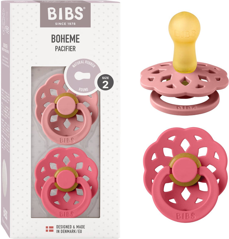 Sucette Bibs bohème lot de 2. Tétine ronde sans BPA. latex de caoutchouc naturel, fabriqué au Danemark, taille 2 (6-18 mois), corail rose poussiéreux