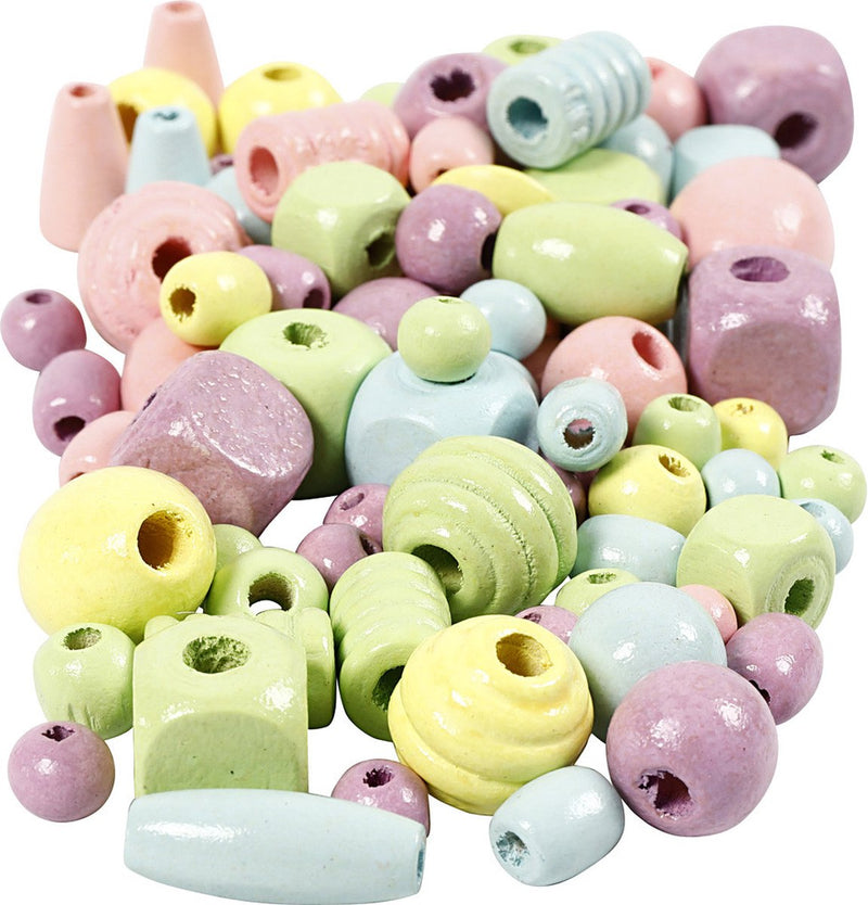 Perles en bois Creativ company, d 10-15 mm, diamètre du trou 3-5 mm, bleu clair, vert clair, rouge clair, jaune clair, 400 ml 1 seau