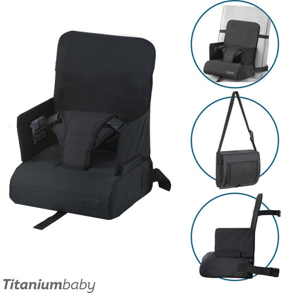 Titanium baby rehausseur de siège bébé en titane Seat2go noir transforme facilement une chaise de salle à manger en chaise haute, pliable et facile à transporter, compartiment de rangement en bas
