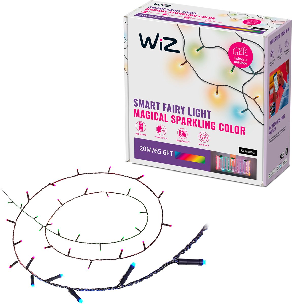 Guirlande lumineuse intelligente Wiz - 20 mètres - lumière blanche et colorée - 160 lumières - 8 zones lumineuses différentes - également pour l'extérieur