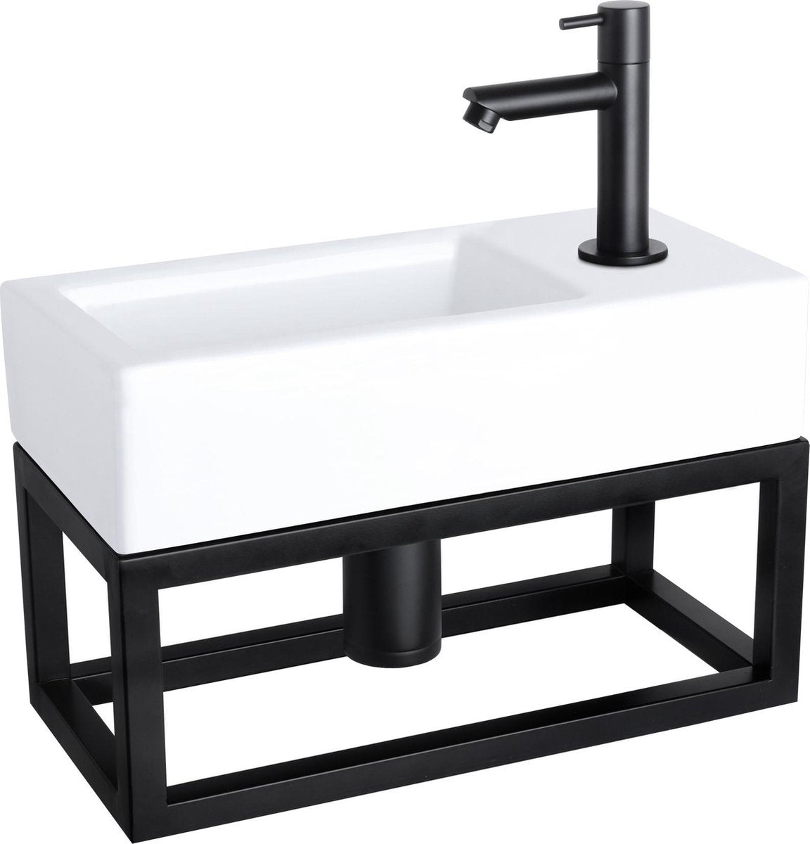 Ensemble fontaine Differnz Ravo - 38,5x18,5x25cm - rectangle - 1 trou de robinetterie - robinet droit noir mat - avec cadre noir - céramique blanche