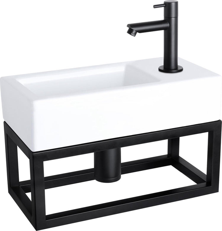 Ensemble fontaine Differnz Ravo - 38,5x18,5x25cm - rectangle - 1 trou de robinetterie - robinet droit noir mat - avec cadre noir - céramique blanche