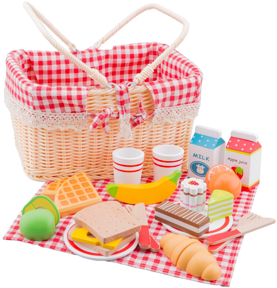 Woet ® panier de pique-nique en bois - jeu de rôle de pique-nique complet avec plus de 30 accessoires - pain, fruits, boissons, nappe - jouets de cuisine éducatifs - à partir de 3 ans