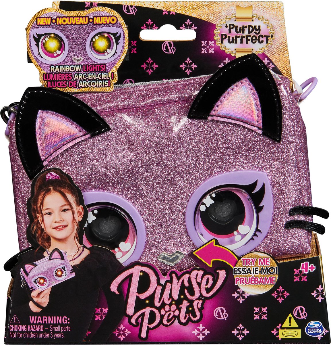 Sac à main pour animaux de compagnie - sac à bracelet - chaton - sac interactif en peluche avec yeux arc-en-ciel illuminés