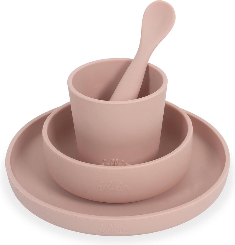 Jollein - service de table enfant 4 pièces (rose pâle) - silicone - vaisselle bébé, couverts bébé - 6-18 mois
