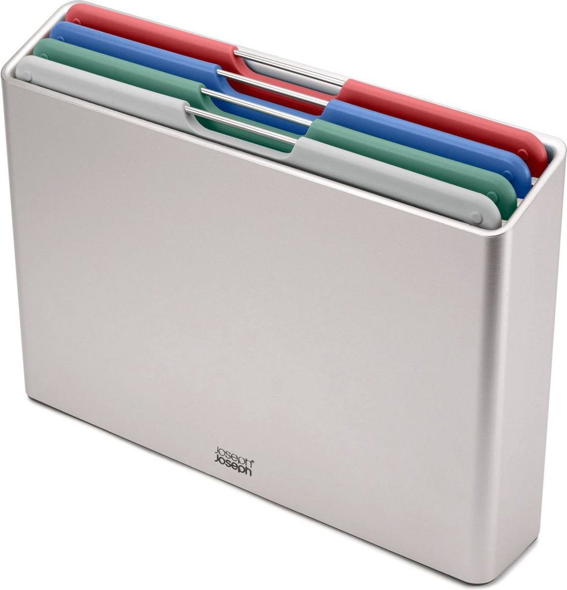 Joseph joseph folio™ ensemble de planches à découper 4 pièces - grand - argent - code couleur - avec support de rangement - poignées en acier inoxydable
