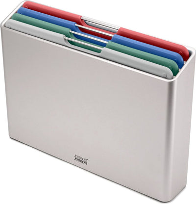 Joseph joseph folio™ ensemble de planches à découper 4 pièces - grand - argent - code couleur - avec support de rangement - poignées en acier inoxydable