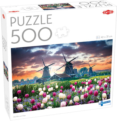 Tactic Vieux moulins et tulipes – Puzzle – 500 pièces – Moulins hollandais et champs de tulipes – Paysage typiquement hollandais – Haute qualité scandinave