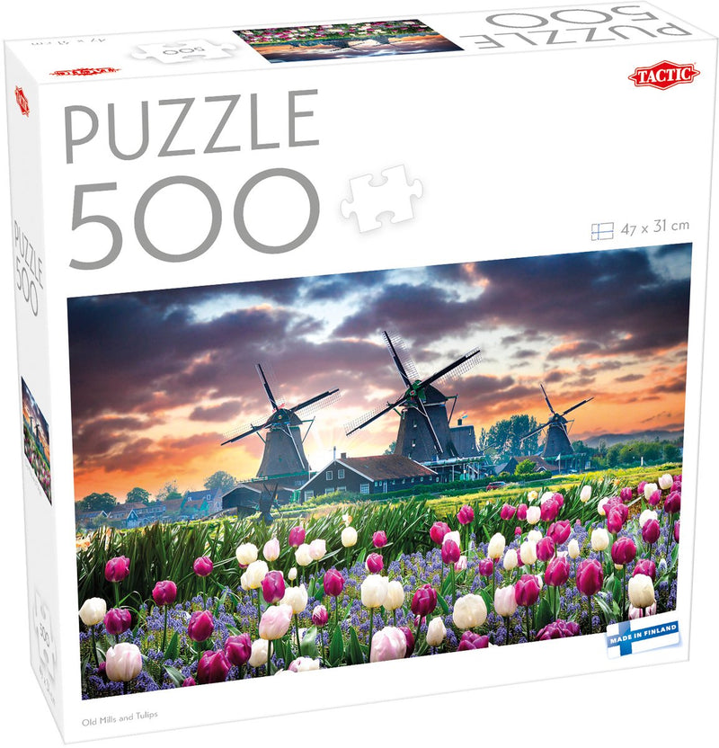 Tactic Vieux moulins et tulipes – Puzzle – 500 pièces – Moulins hollandais et champs de tulipes – Paysage typiquement hollandais – Haute qualité scandinave