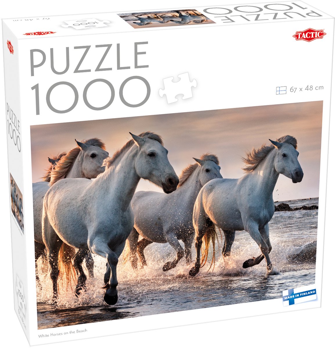 Chevaux blancs tactiques sur la plage – puzzle – 1000 pièces – chevaux blancs au galop – paysage de plage dynamique – haute qualité scandinave