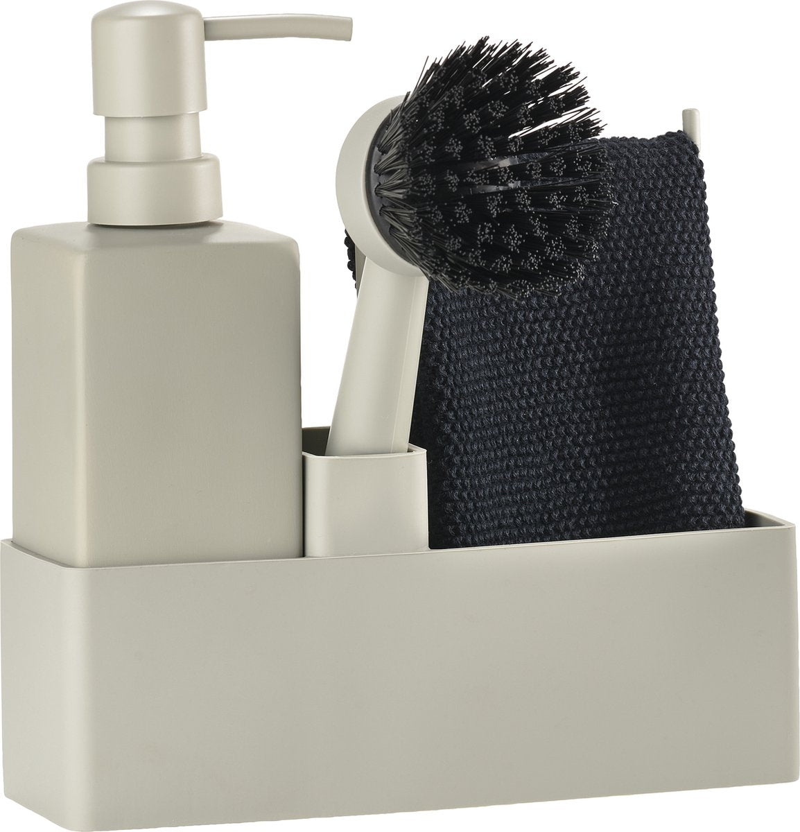 Zone Denmark set de vaisselle 19 x 6 x 20,5 cm avec torchon, distributeur de savon en céramique, brosse à vaisselle et organiseur de cuisine - 4 pièces boue - set de vaisselle